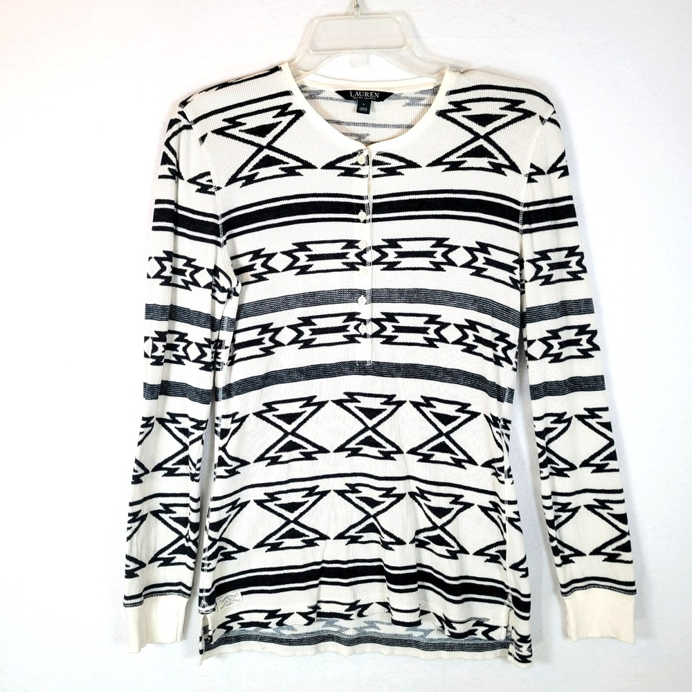 Lauren Ralph Lauren Womens Henley Button Top Size Large White Aztec Waffle Knit